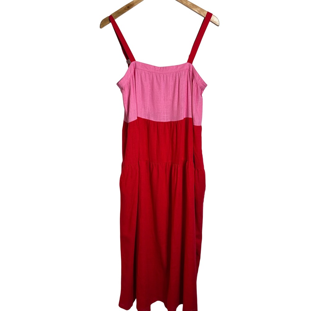 NWOT PETAL + PUP Aliana Pink Red Colorblock  Linen Blend Midi Dress Small